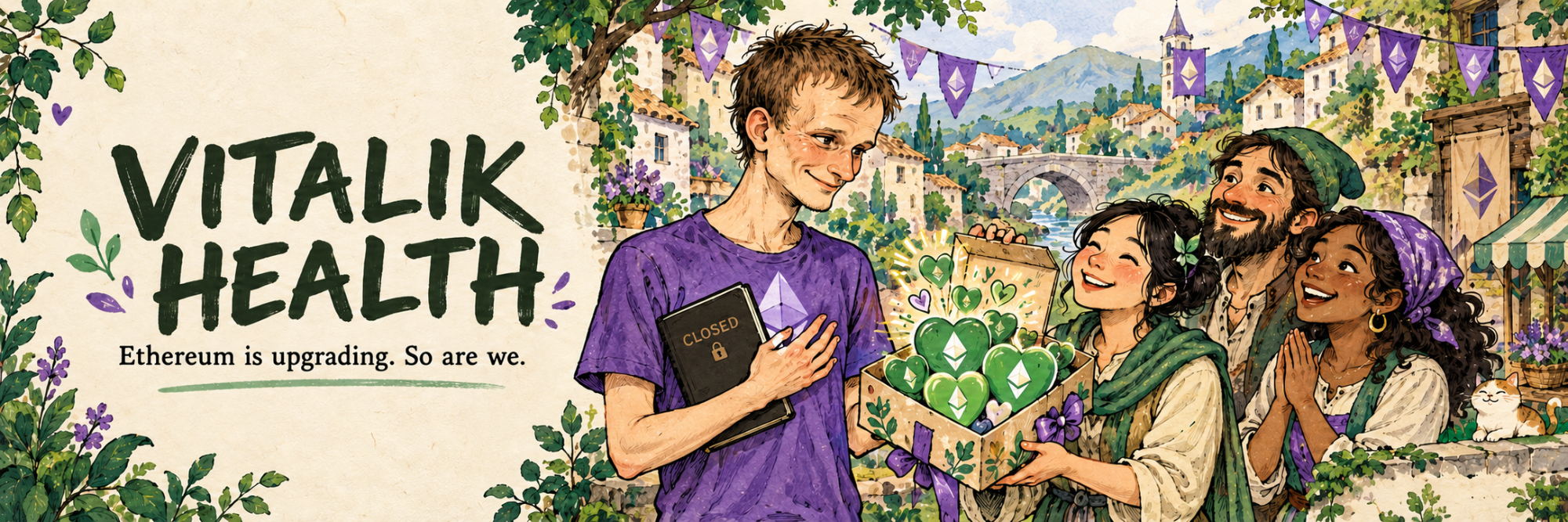 Vitalik Health. Ethereum is upgrading. So are we. A sunny village gathers around a gift of green hearts.