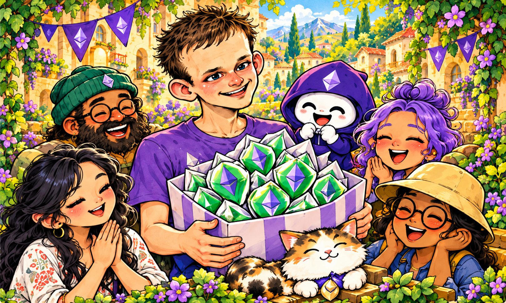 Neighbors in a flower-covered village share a box of green crystals, with a cat resting in front.
