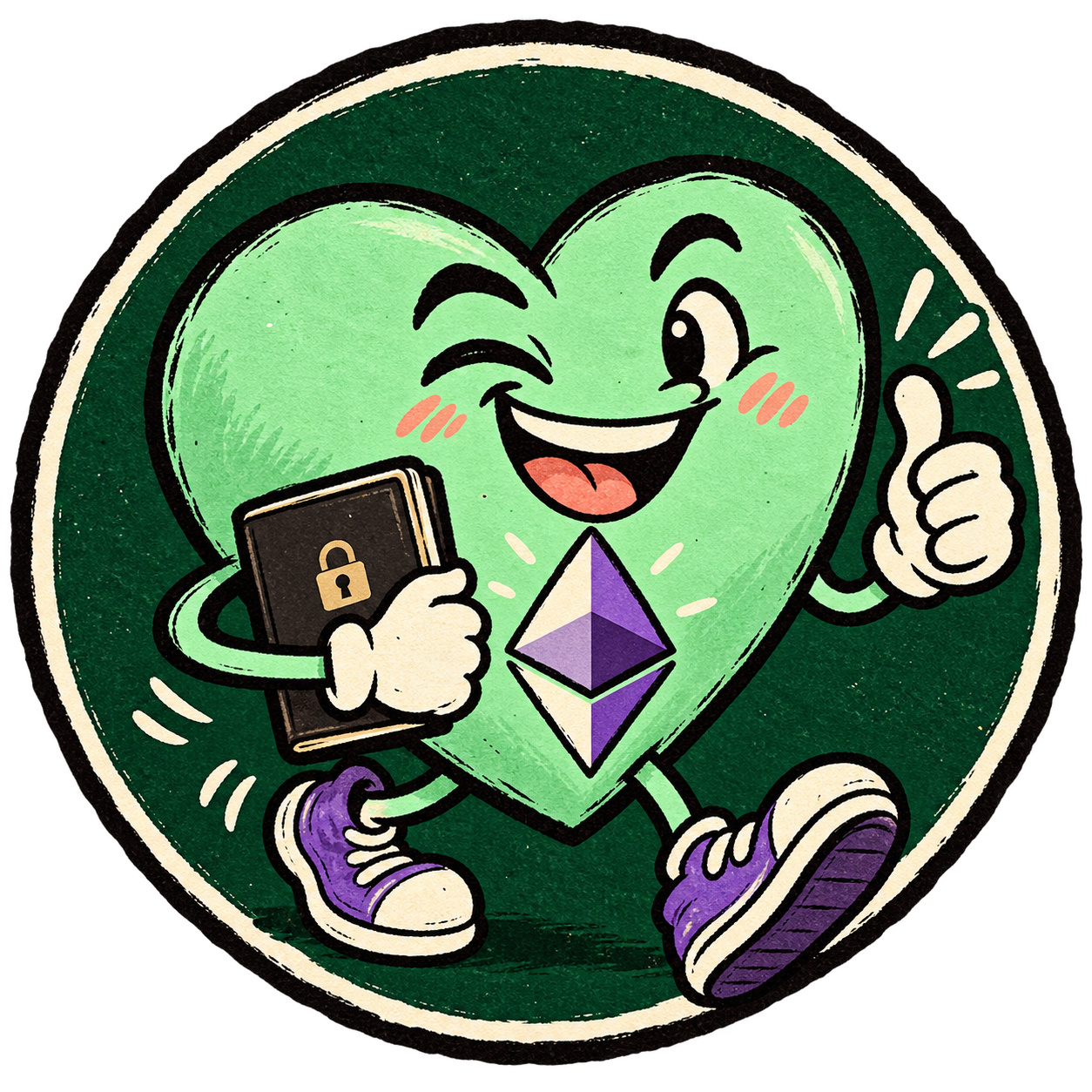 Winking mint heart mascot in purple sneakers, holding a locked book, with a violet Ethereum diamond on its chest.