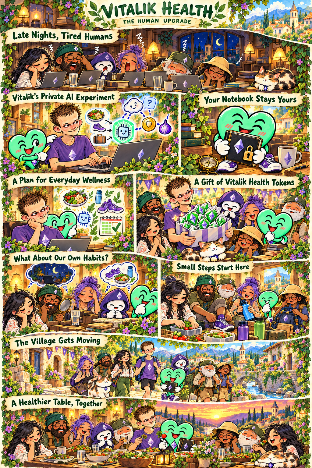 Nine-scene story poster titled Vitalik Health, The Human Upgrade. The panels run from late nights at laptops, through a private experiment and a gift of tokens, to a village table at sunset.