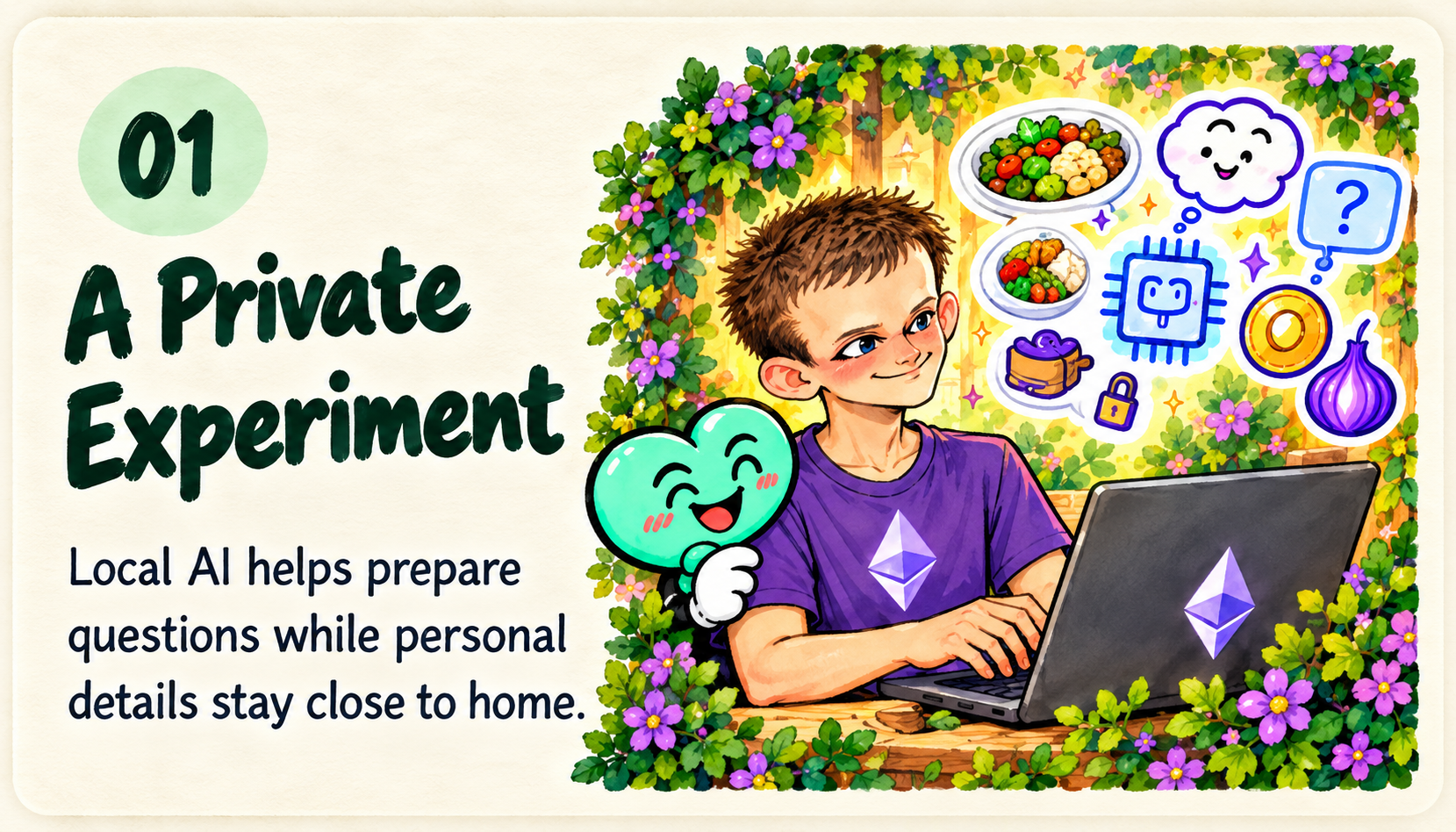 01. A Private Experiment. Local AI helps prepare questions while personal details stay close to home. A young man works at a laptop while a mint heart stands beside him.
