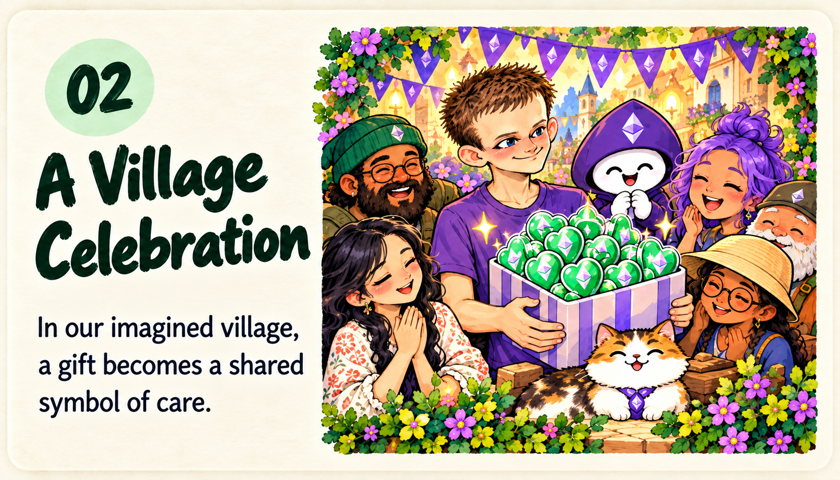 02. A Village Celebration. In our imagined village, a gift becomes a shared symbol of care. Neighbors gather around a box of green hearts.