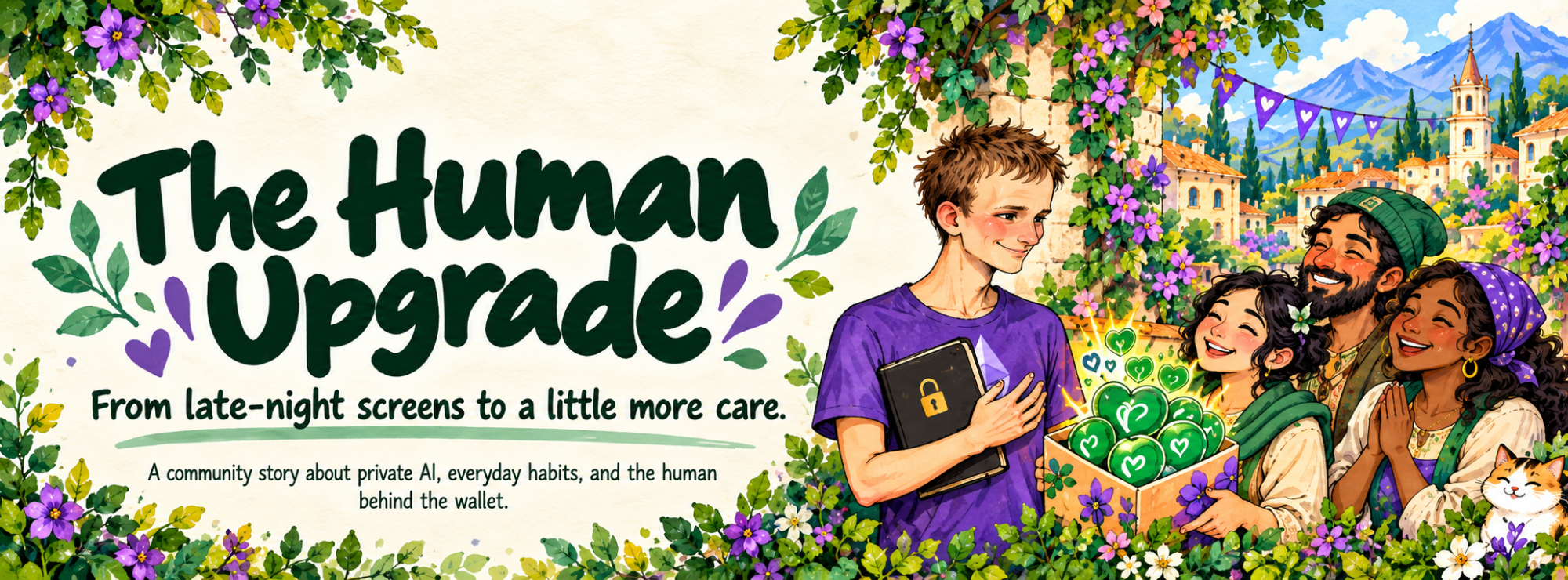 The Human Upgrade. From late-night screens to a little more care. A community story about private AI, everyday habits, and the human behind the wallet. A young man holds a closed book beside neighbors and a box of green hearts in a flower-covered village.